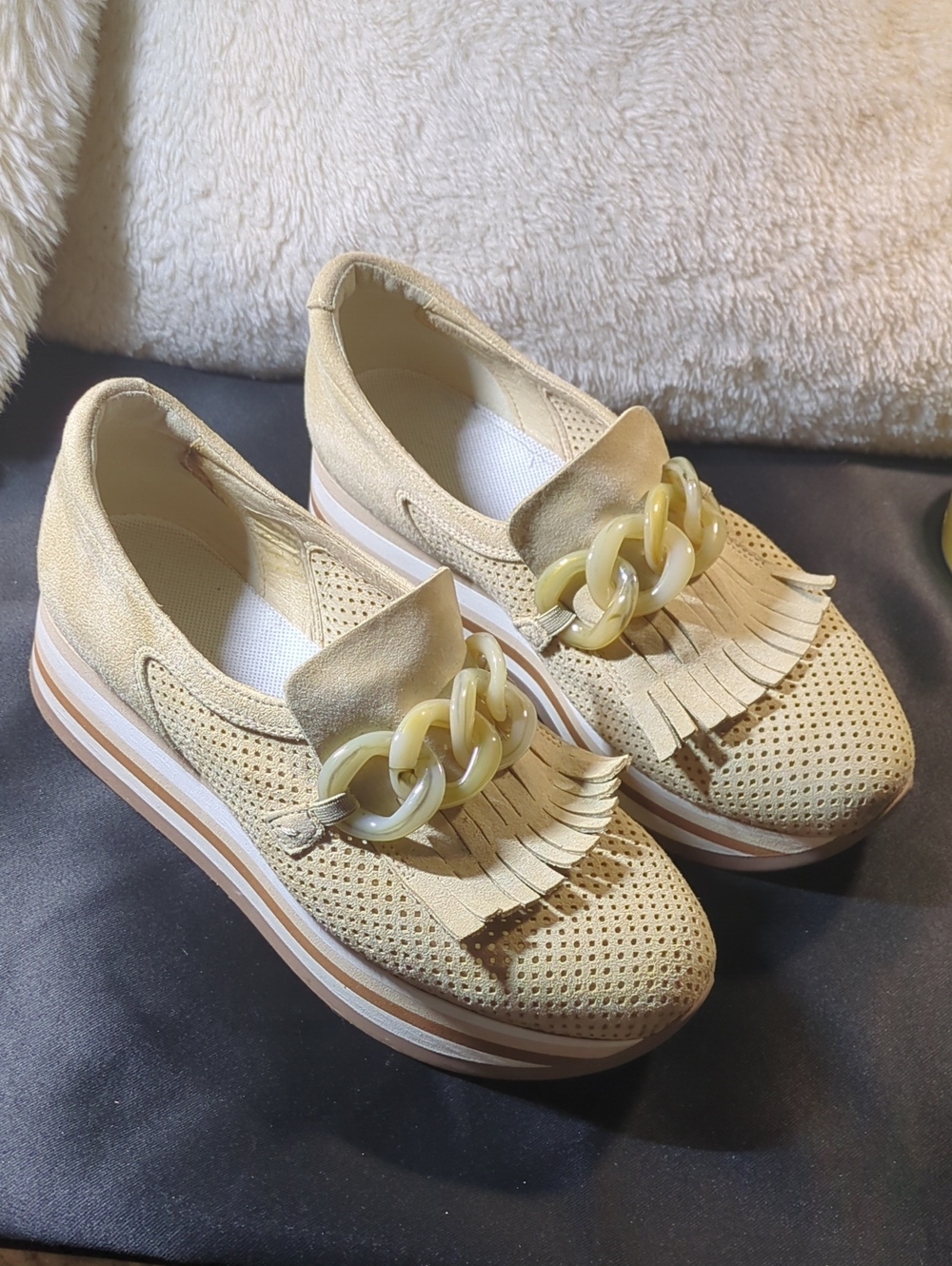 Softwaves Cadie Beige Slip-On Platform Loafers with Chain Accent ONLY $60